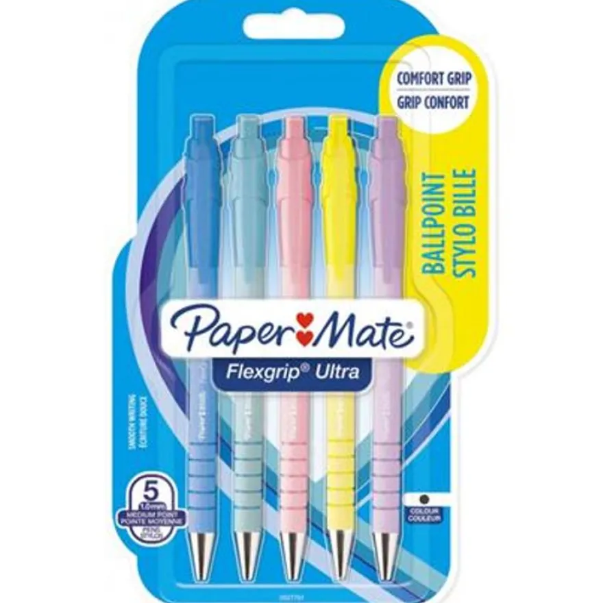 Paper Mate FlexGrip ultra - Pack de 5 stylos à bille (encre bleue) - couleurs pastels assorties - 1 mm - rétractable
