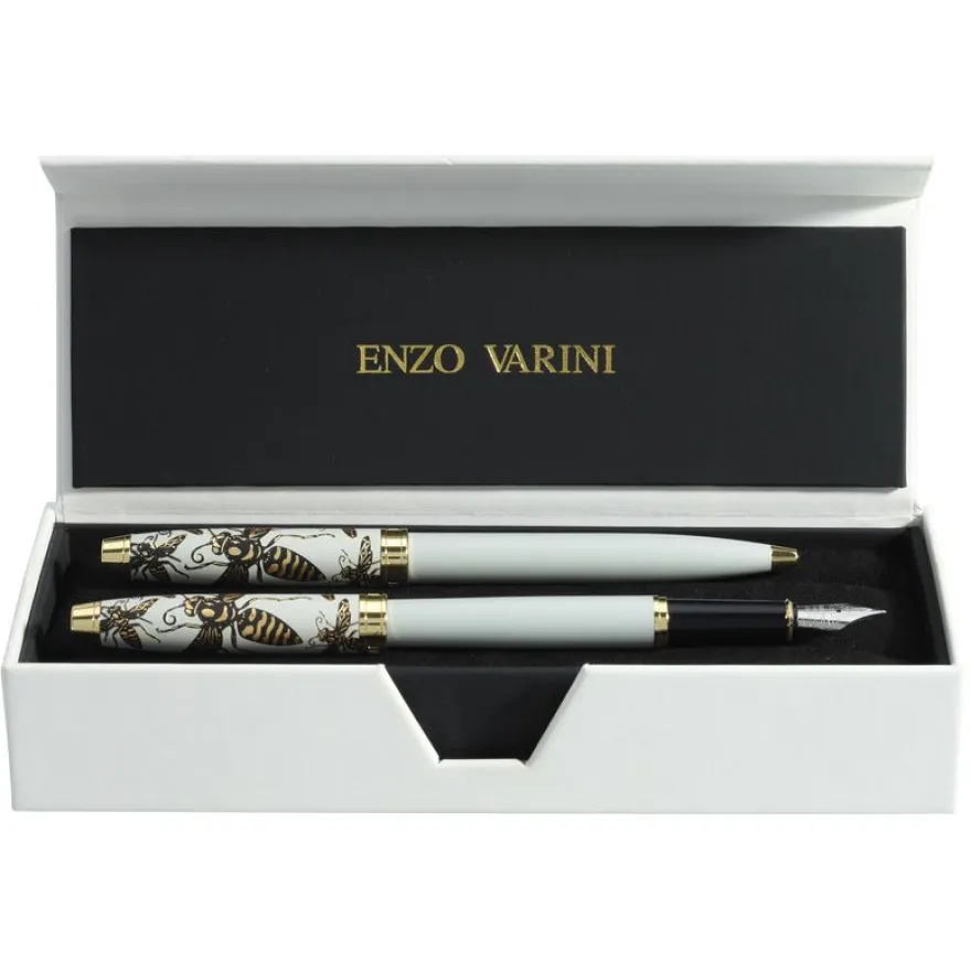 Parure bille + plume ENZO VARINI "Taormina XL Bugs" motifs abeilles coloris blanc