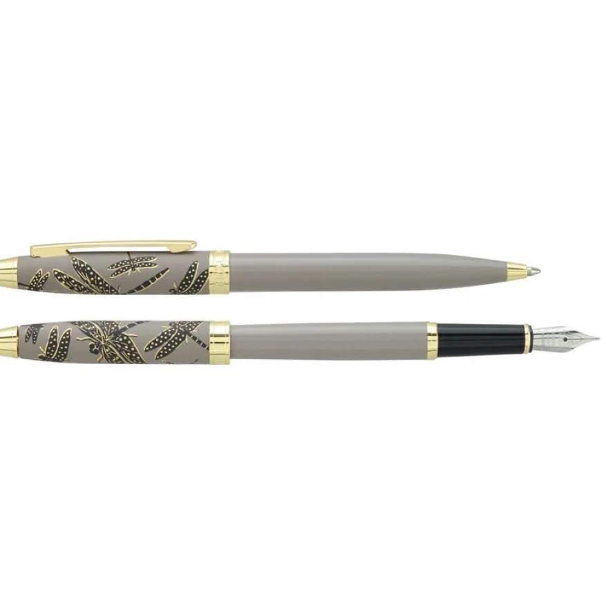 Parure bille + plume ENZO VARINI "Taormina XL Bugs" motifs libellules coloris gris