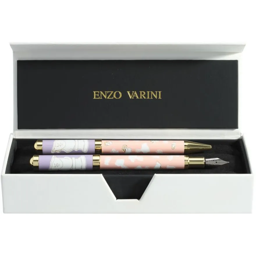 Parure bille + plume ENZO VARINI "Palazzo Greek Têtes" coloris rose & violet