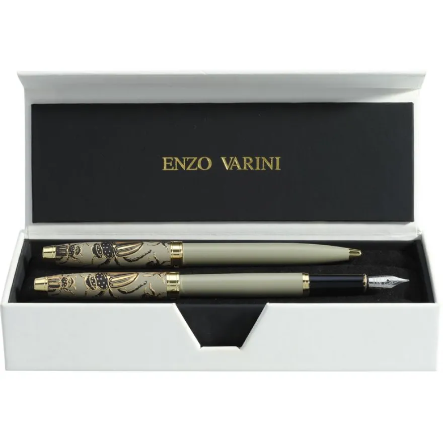 Parure bille + plume ENZO VARINI "Taormina XL Bugs" motifs scarabées coloris vert gris