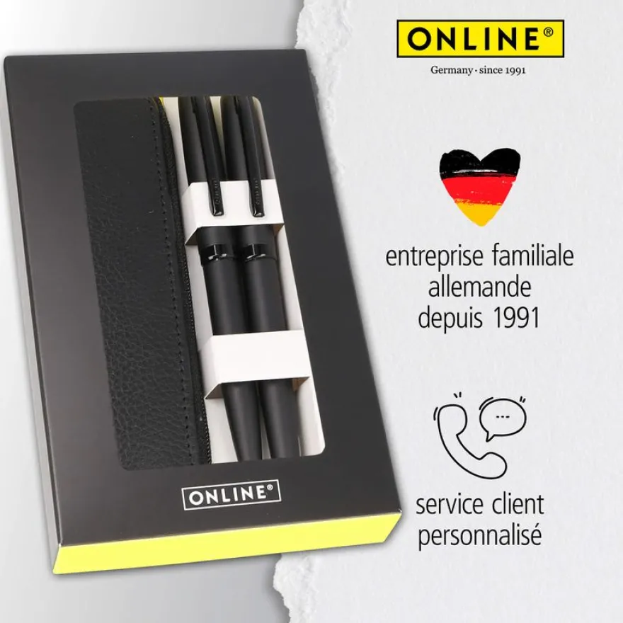 Parure plume/bille Eleganza Pure Black avec étui cuir