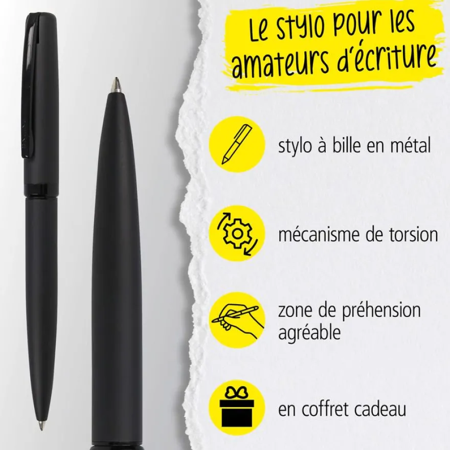Parure plume/bille Eleganza Pure Black avec étui cuir