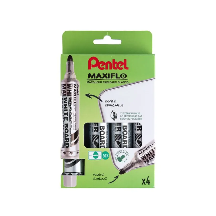 Pentel Maxiflo - Pack de 4 marqueurs effaçables - couleurs assorties