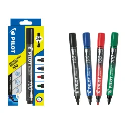 Pilot 100 - Pack de 4 marqueurs permanents - pointe ogive - noir, bleu, rouge, vert