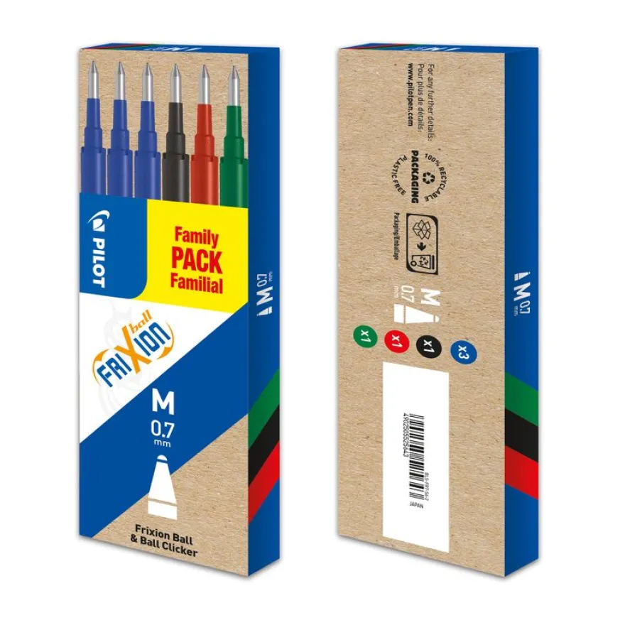 Pilot Frixion Ball - 6 Recharges pour rollers effaçables - 0,7 mm - noir/rouge/bleu/vert