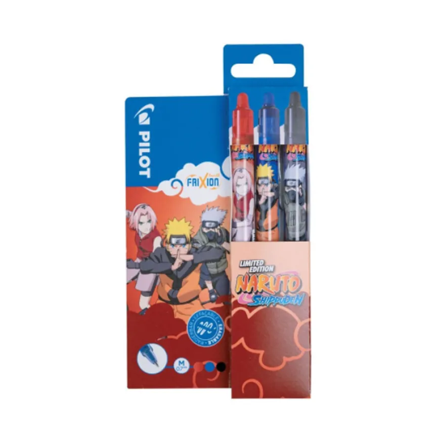 Pilot Frixion Ball Clicker Naruto - Pack de 3 Rollers effaçables - 0,7 mm - couleurs assorties