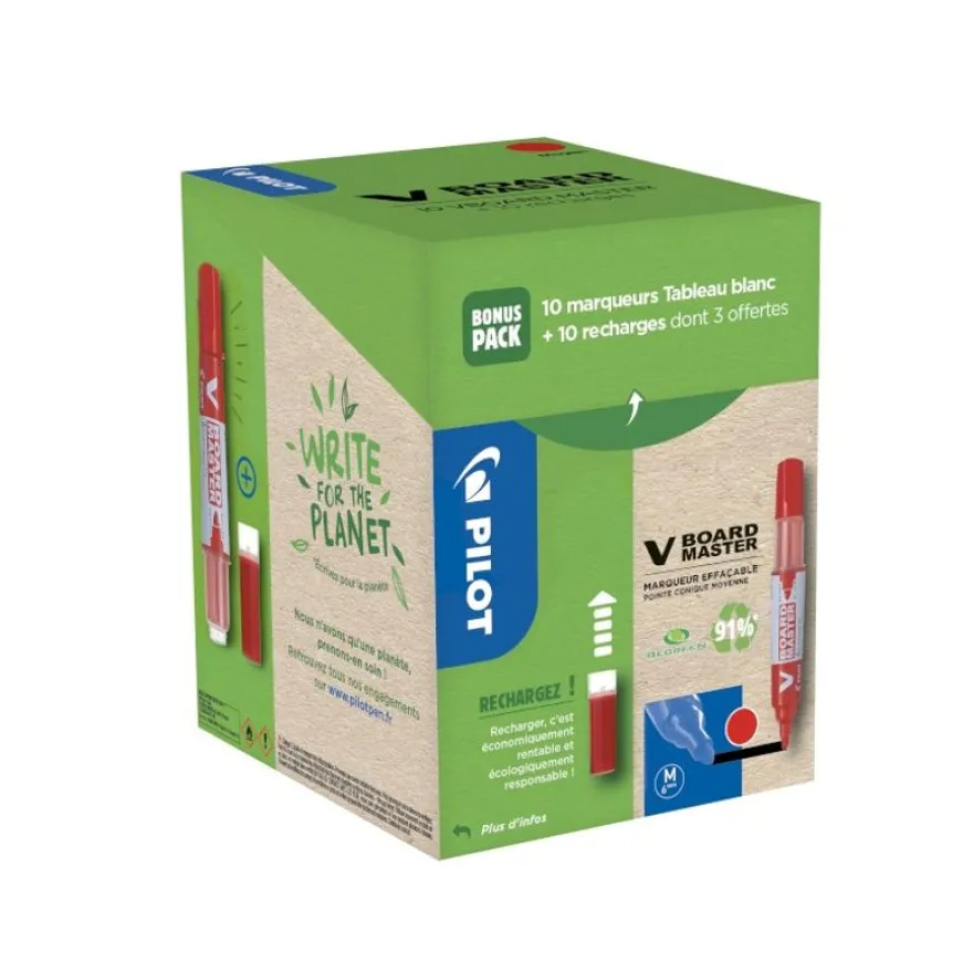 Pilot V BOARD MASTER - Pack de 10 Marqueurs effaçables + 10 Recharges - pointe ogive - rouge