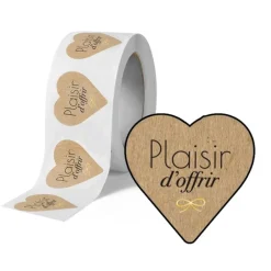Plaisir d’Offrir – 500 étiquettes autocollantes cœur kraft 37 x 37 mm – rouleau pratique