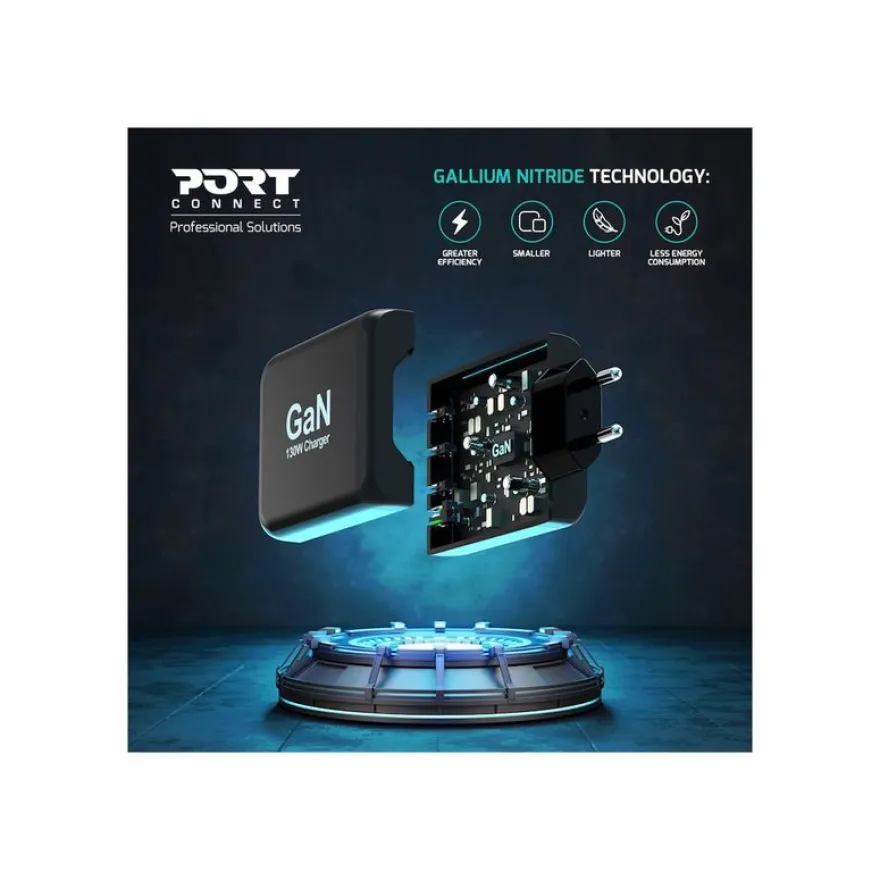 PORT Connect - Adaptateur secteur - GaN - 130 Watt - 4 connecteurs de sortie (USB type A, 3 x USB-C) - sur le câble : USB-C - Europe