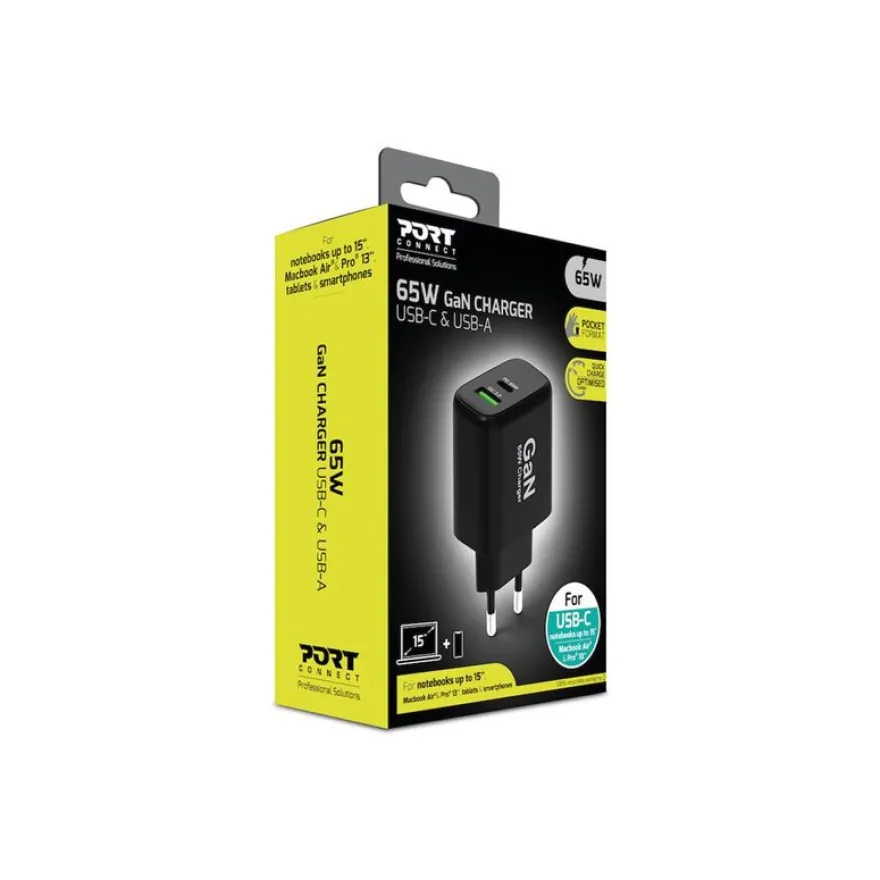 PORT Connect - Adaptateur secteur - GaN - 65 Watt - 2 connecteurs de sortie (USB type A, 24 pin USB-C) - Europe