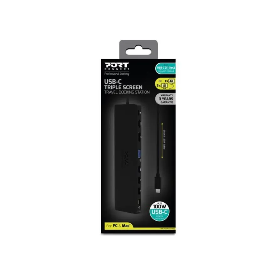 PORT connect TRIPLE SCREEN TRAVEL - Station d'accueil - USB-C 3.1 Gen 2 - DP, HDMI, VGA - 1GbE