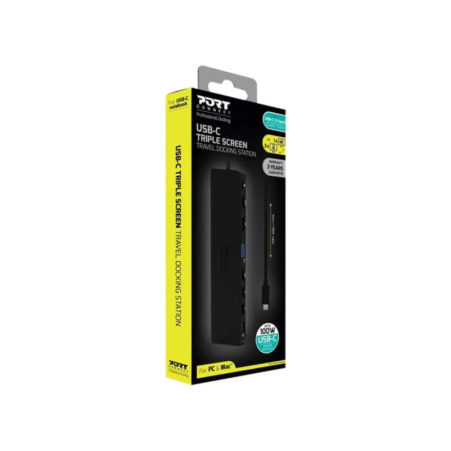 PORT connect TRIPLE SCREEN TRAVEL - Station d'accueil - USB-C 3.1 Gen 2 - DP, HDMI, VGA - 1GbE