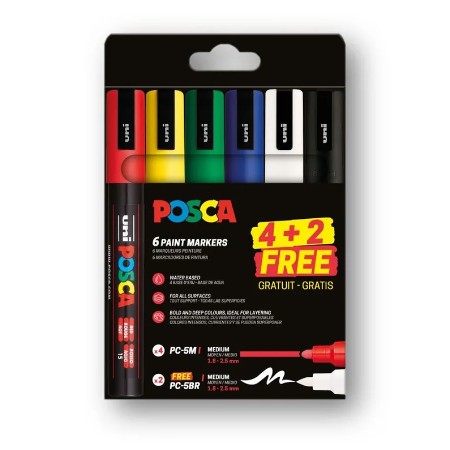 POSCA – Lot de 6 marqueurs couleurs assorties à pointes fines et brush