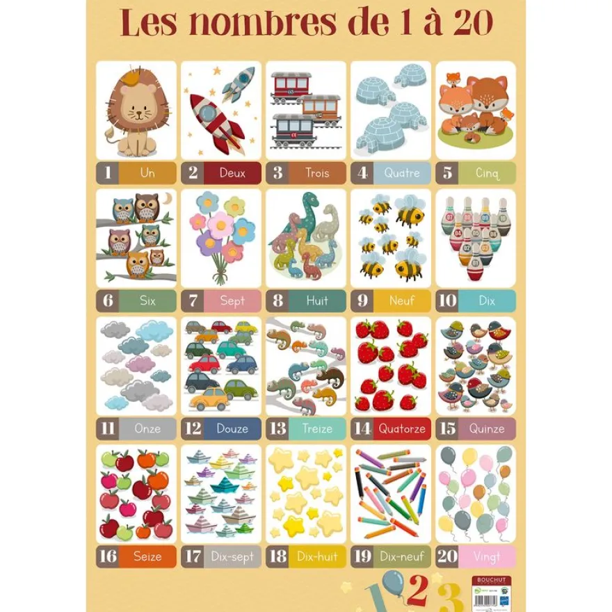 Poster pédagogique Nombres 1/20 - 52 x 76 cm - Bouchut
