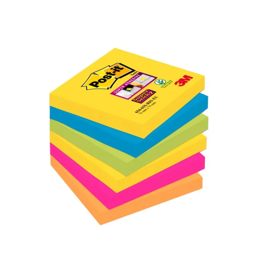 Post-it - 6 Blocs notes de 90 feuilles Super Sticky Rio - couleurs vives assorties - 76 x 76 mm