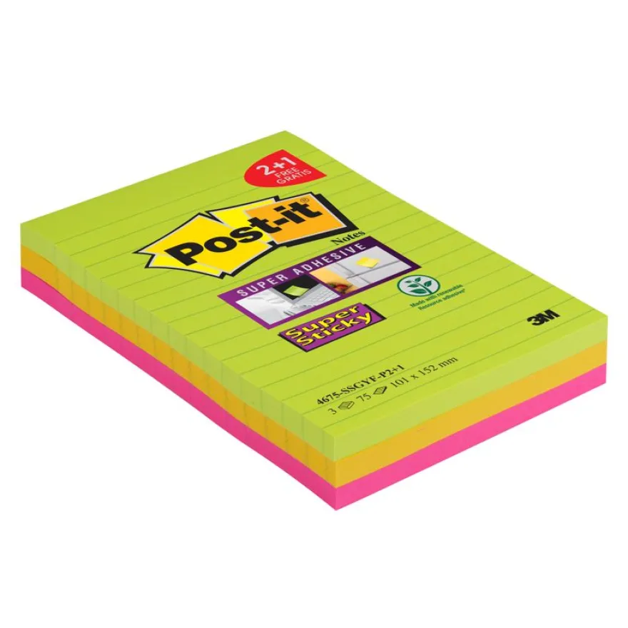 Post-it - 3 Blocs notes Super Sticky - grand format 101 x 152 mm