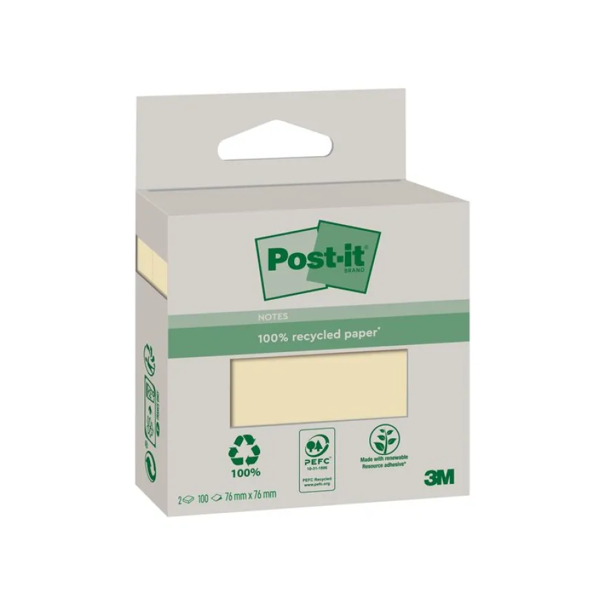 Post-it - 2 Blocs-notes recyclées - 76 x 76 mm - jaune canari - 200 feuilles (2 x 100)