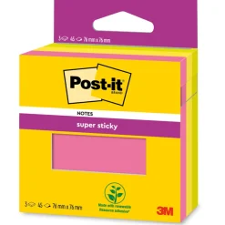 Post-it - Notes colorées Super Sticky - couleurs assorties - 76 mm x 76 mm - 45 feuilles/bloc -  3 blocs/paquet