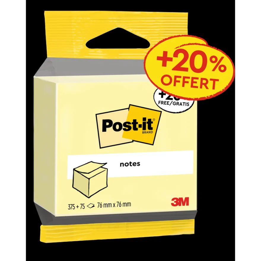Post-it® Cube de Notes 76x76 mm – Jaune Canari – 450 dont 75 Feuilles Offertes – Papier 100% PEFC