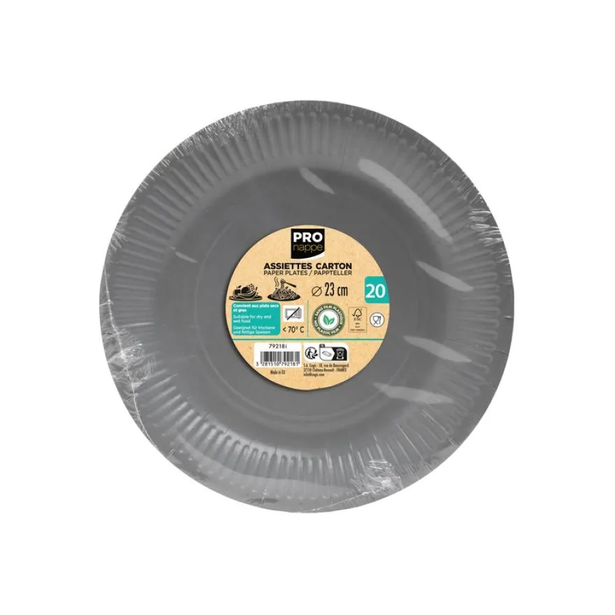 Pronappe - 20 Assiettes - Taille 23 cm diameter - rond - jetable - gris