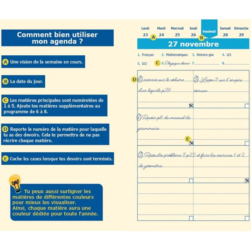 Quo Vadis - Agenda année scolaire - 2026-2027 - Agenda DYS - Journalier - Français - 13x21 cm - Papier Clairefontaine blanc - Fabrication française