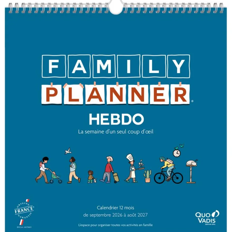 Quo Vadis - Calendrier familial à feuillets - Spiralé - 2026-2027 - Français - Family Planner - 12 mois de septembre à août - 30x30 cm - Papier Clairefontaine blanc - Fabrication française