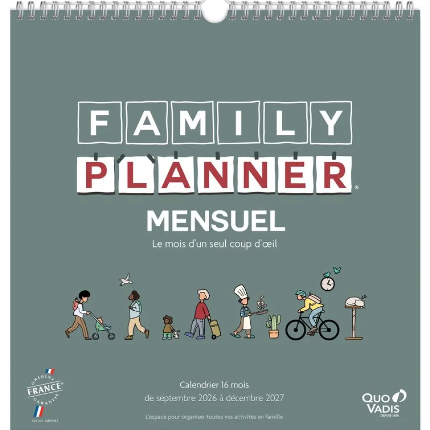 Quo Vadis - Calendrier familial à feuillets - Spiralé - 2026-2027 - Français - Family Planner - 16 mois de septembre à décembre - 30x30 cm - Papier Clairefontaine blanc - Fabrication française