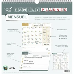 Quo Vadis - Calendrier familial à feuillets - Spiralé - 2026-2027 - Français - Family Planner - 16 mois de septembre à décembre - 30x30 cm - Papier Clairefontaine blanc - Fabrication française