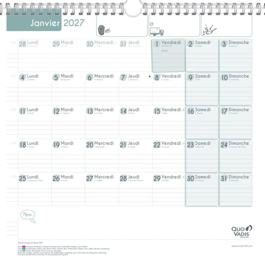 Quo Vadis - Calendrier familial à feuillets - Spiralé - 2026-2027 - Français - Family Planner - 16 mois de septembre à décembre - 30x30 cm - Papier Clairefontaine blanc - Fabrication française