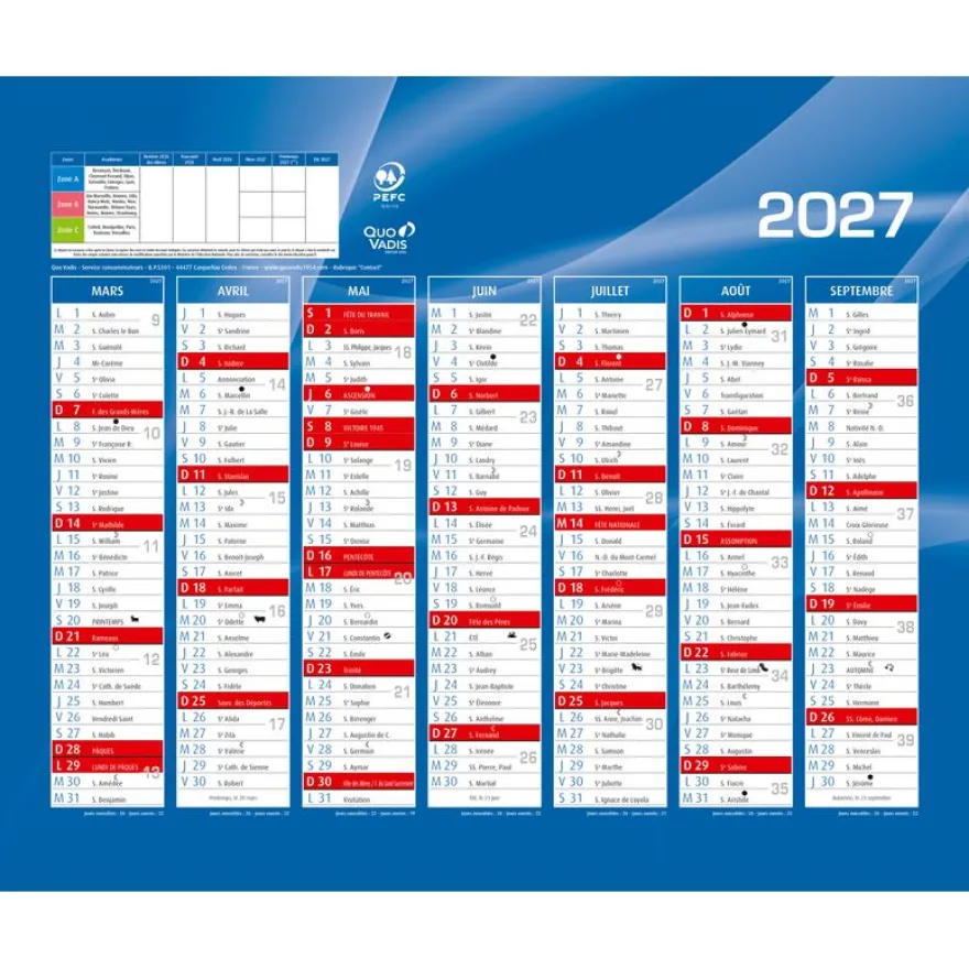 Quo Vadis - Calendrier mural - 2026-2027 - Français - Classic - Bleu - 14 mois de août à septembre - 27x21 cm - Papier Clairefontaine blanc - Fabrication française