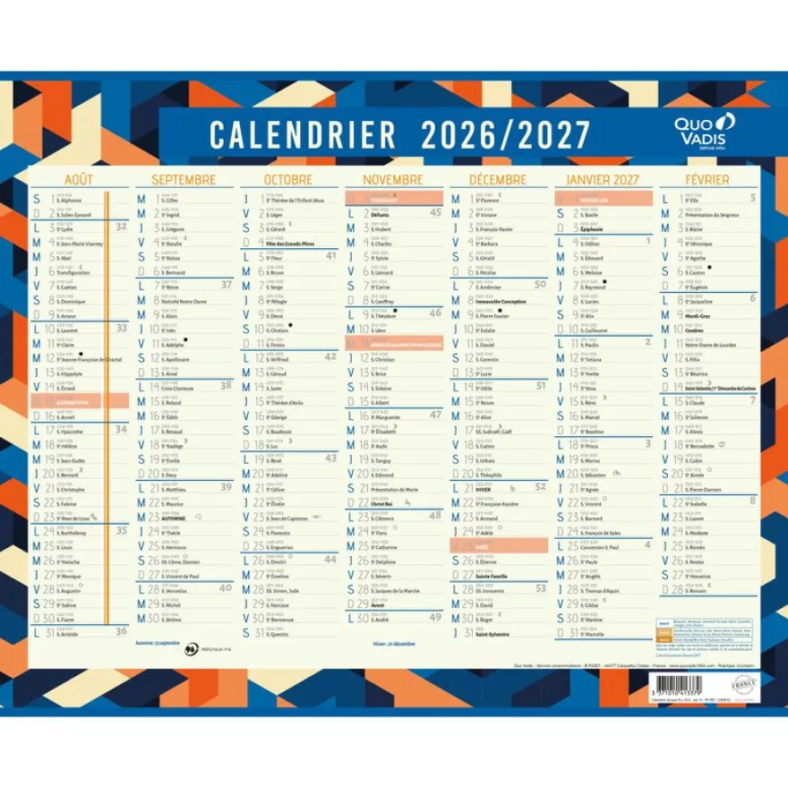 Quo Vadis - Calendrier mural - 2026-2027 - Français - Classic - Multicolore - 14 mois de août à septembre - 43x33,5 cm - Papier Clairefontaine blanc - Fabrication française