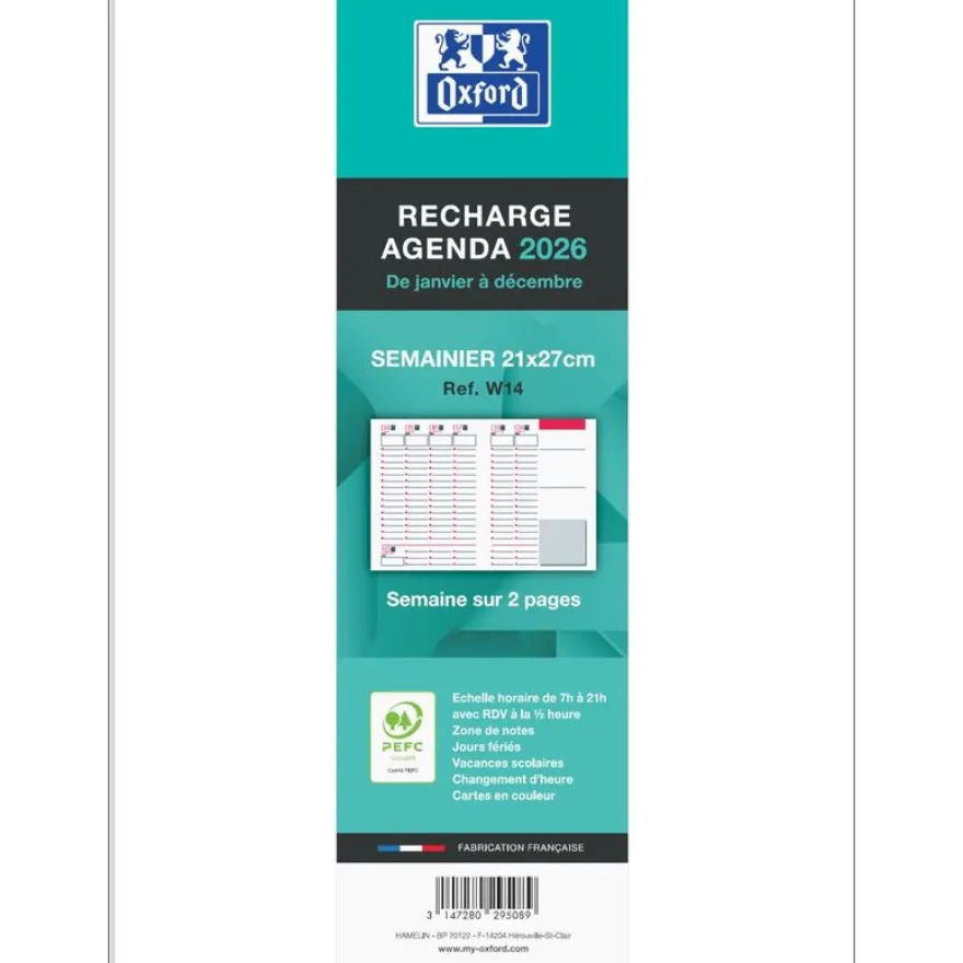 Recharge agenda Oxford brochée - 21x27 - 1 semaine sur 2 pages - 128 pages
