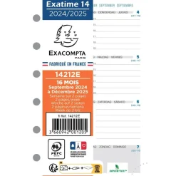 Recharge pour organiseur Exatime 14 - 16 mois- 1 semaine sur 2 pages à l'horizontale - 8,1 x 12,6 cm - Exacompta