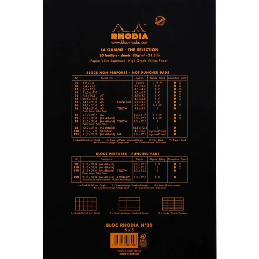 Rhodia - Bloc notes - A4 + - 160 pages - petits carreaux - noir