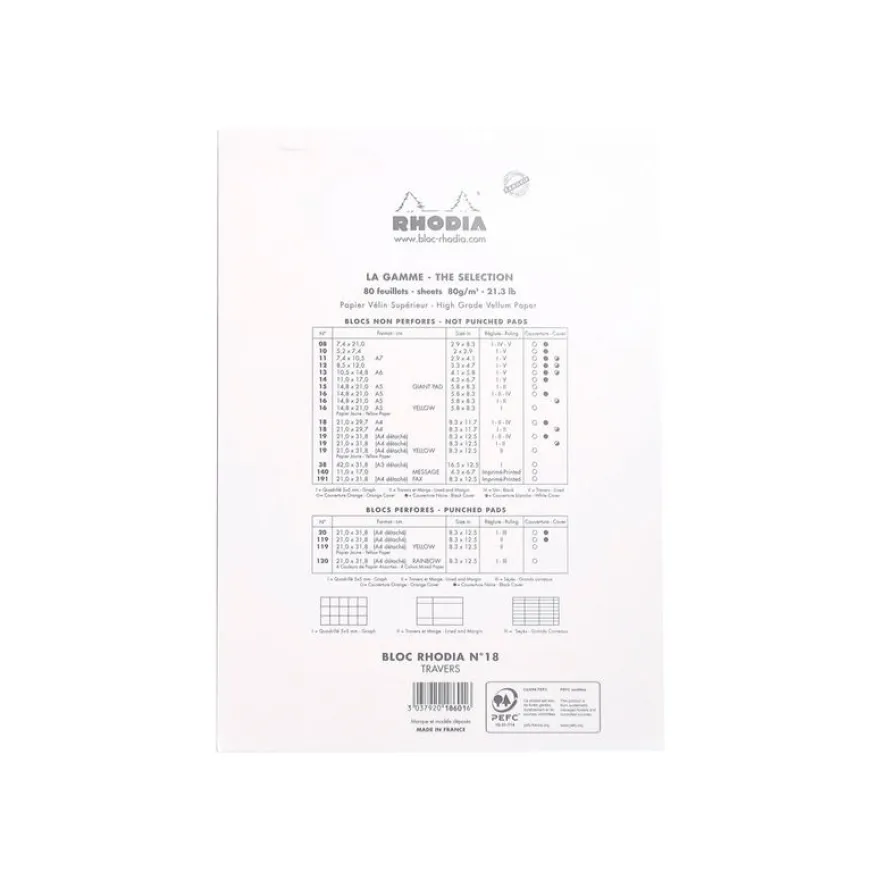 Rhodia - Bloc notes N°18 - A4 - 160 pages - petits carreaux - 80g - blanc
