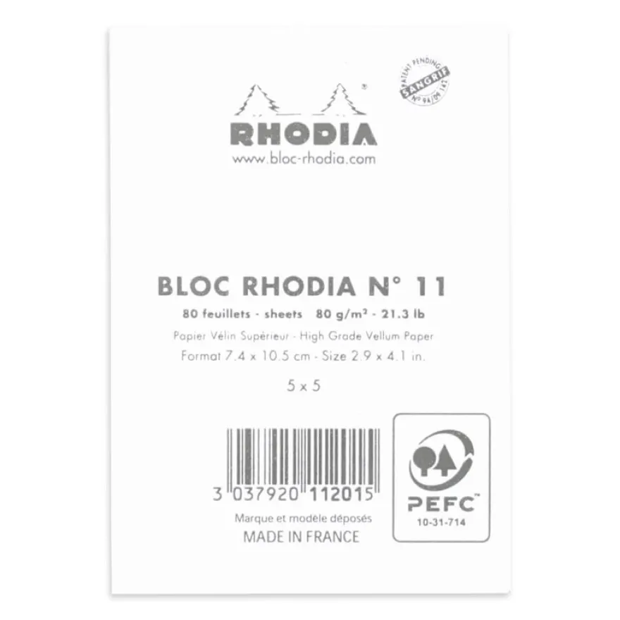 Rhodia - Bloc notes N°11 - A7 - 160 pages - petits carreaux - 80g - blanc