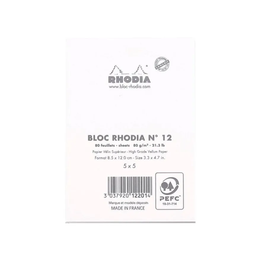 Rhodia - Bloc notes N°12 - 8.5X12 cm - 80 feuilles - petits carreaux - 80g - blanc