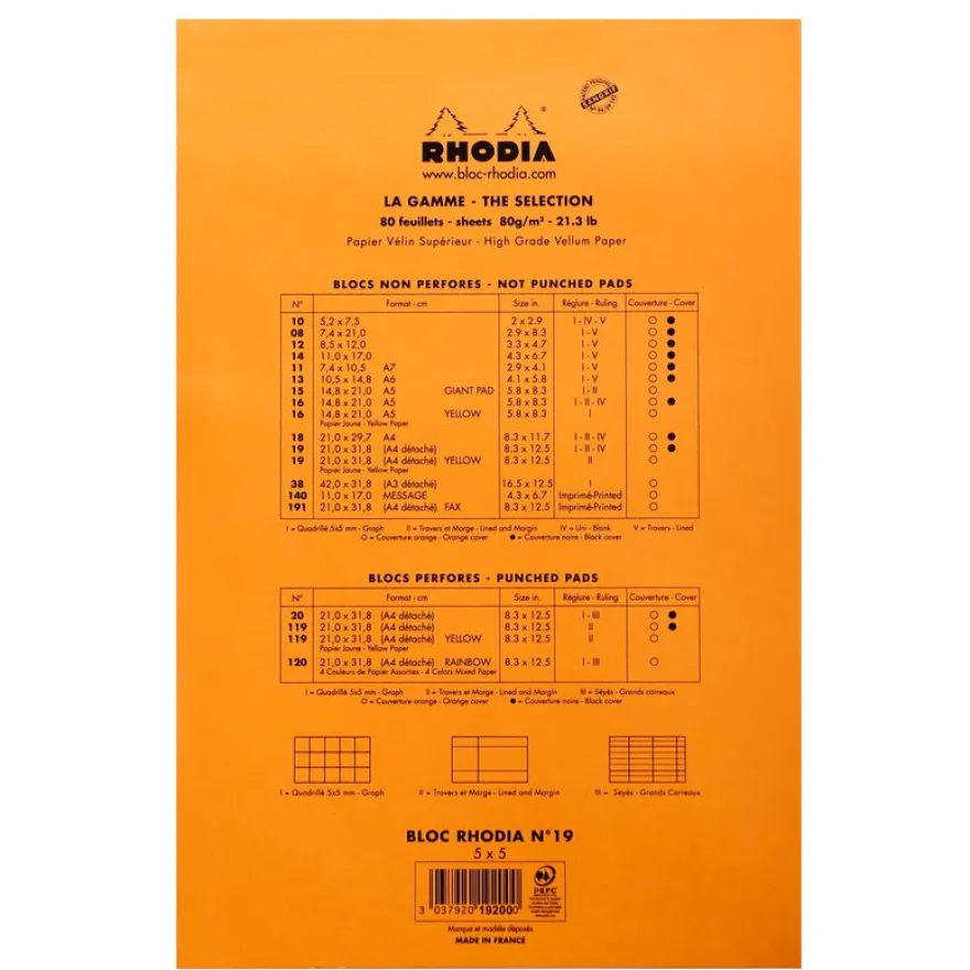 Rhodia - Pack de 5 Blocs notes - A4 + - 80 pages - petits carreaux - 80g - orange