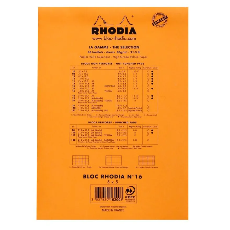 Rhodia Classic - Bloc notes - A5 - 80 pages - petits carreaux - 80g