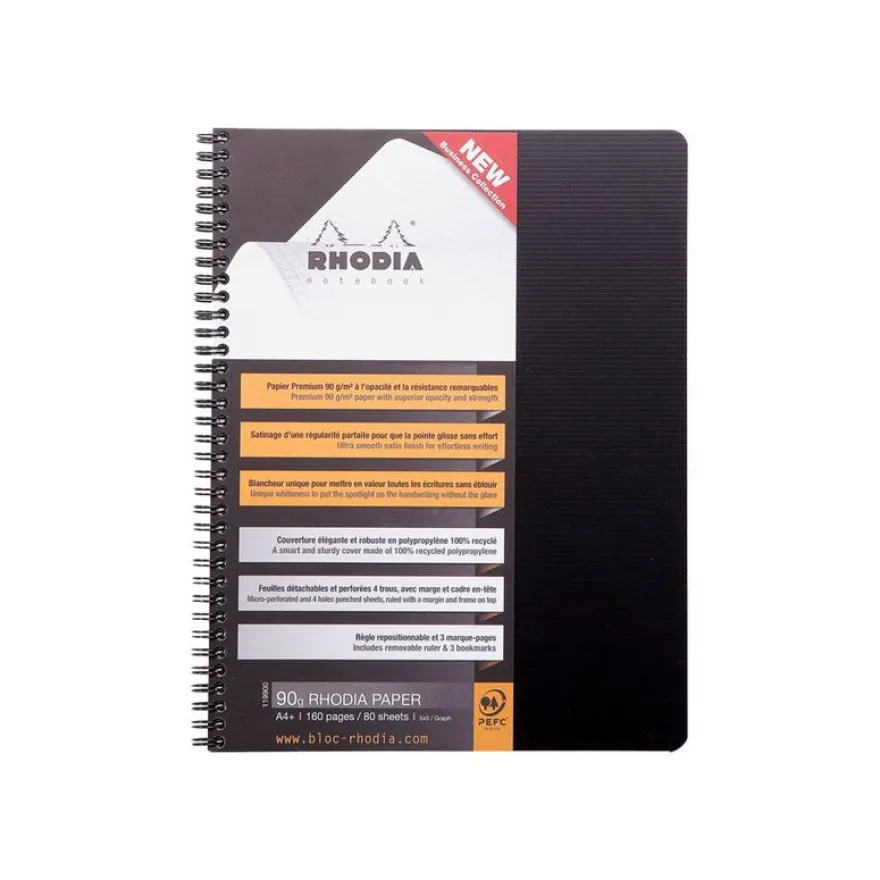 RhodiActive - Cahier à spirale A4+ (22,5 x 29,7 cm) - 160 pages - petits carreaux (5x5 mm) - noir