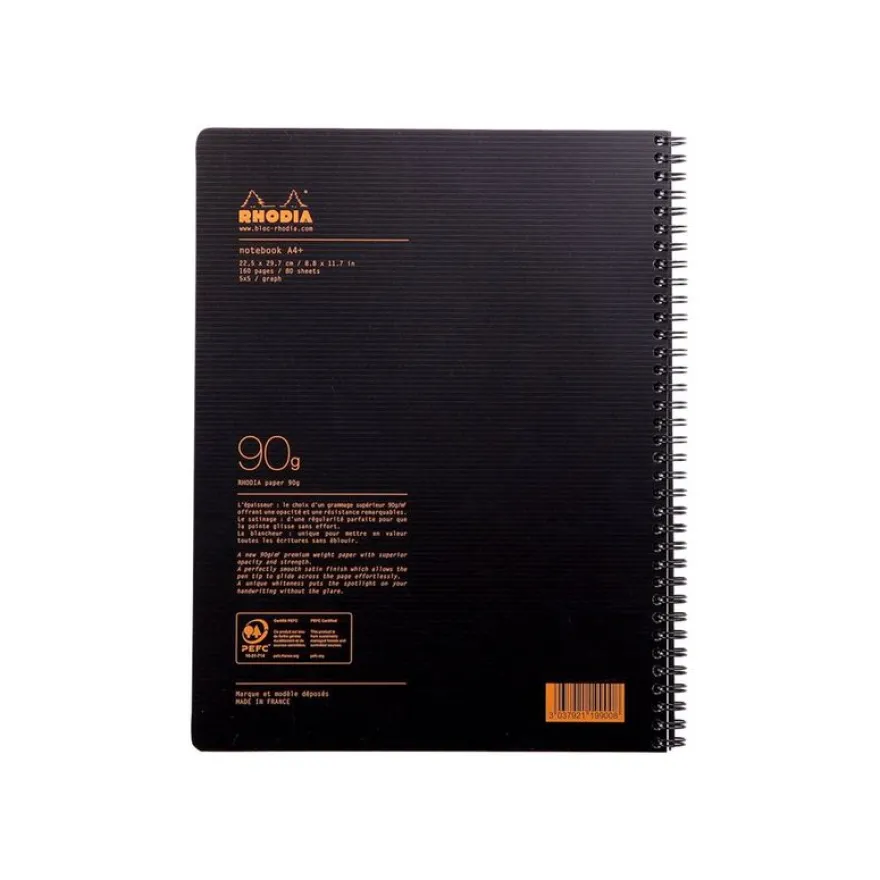 RhodiActive - Cahier à spirale A4+ (22,5 x 29,7 cm) - 160 pages - petits carreaux (5x5 mm) - noir
