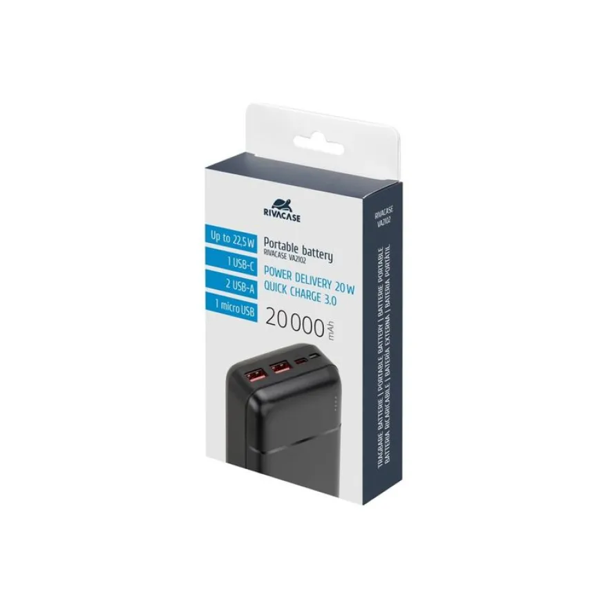 Riva Case Rivapower VA2102 - Banque d'alimentation - QC / PD, portable - 5 / 9 / 12 V - 22.5 Watt - lithium-polymère - 20000 mAh - 74 Wh - connecteurs de sortie : 3 - noir