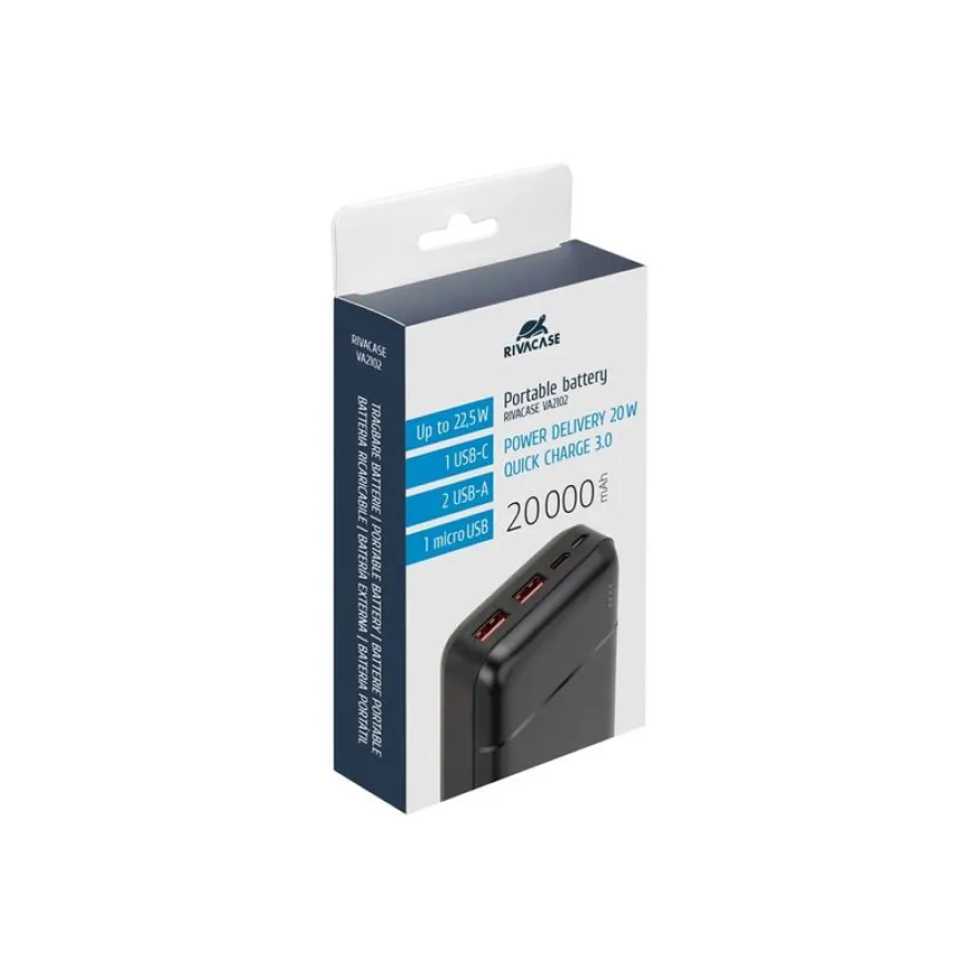 Riva Case Rivapower VA2102 - Banque d'alimentation - QC / PD, portable - 5 / 9 / 12 V - 22.5 Watt - lithium-polymère - 20000 mAh - 74 Wh - connecteurs de sortie : 3 - noir
