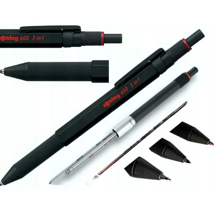 Rotring 600 - Stylo 3 en 1 : porte-mines et stylo à bille noir et rouge - noir