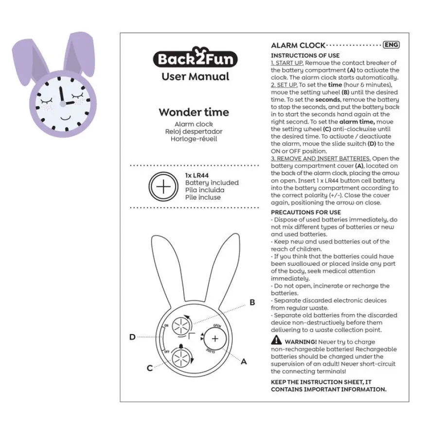 Réveil lapin Back2Fun - format mini - idéal apprentissage de l’heure - pile incluse
