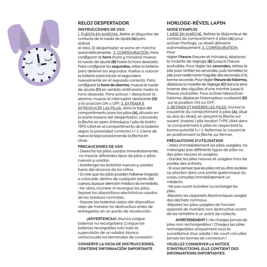 Réveil lapin Back2Fun - format mini - idéal apprentissage de l’heure - pile incluse