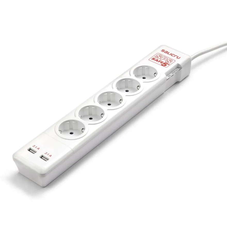 SALICRU SPS SAFE 5+ - Multiprise avec interrupteur 5 prises+ 2 ports USB 2.1A - 1,5m