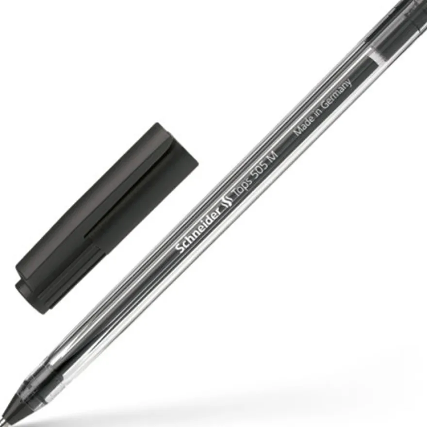 Schneider Tops 505 M- Stylo-bille - Noir – Pointe Moyenne avec Corps Transparent et Capuchon Clip