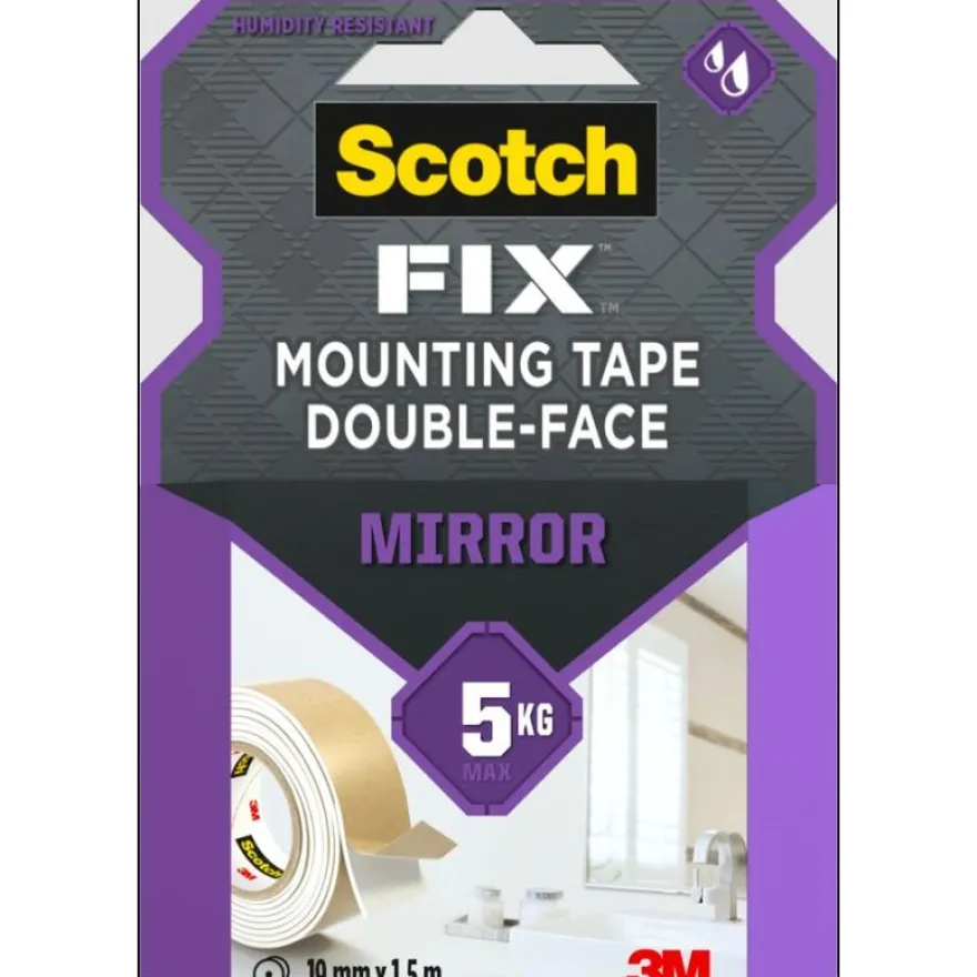 Scotch - Ruban adhésif Double face - Fix™ Miroirs & pièces humides, Jusqu'à 5kg 19mm x 1,5m
